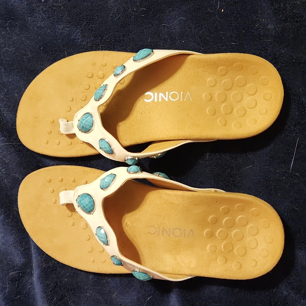 Vionic Eve II White Faux Turquoise Jeweled Comfort Sandals Womens Size 8 wide